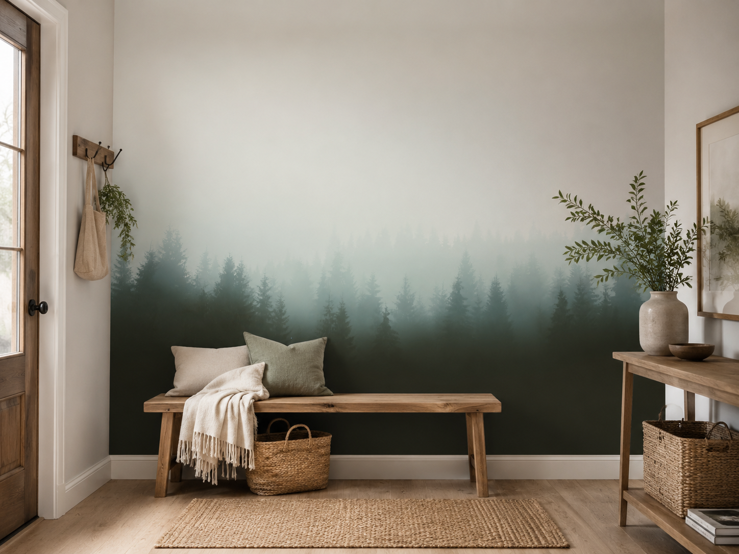 Woodland wallpaper for a hallway featuring foggy pine trees and soft forest layers