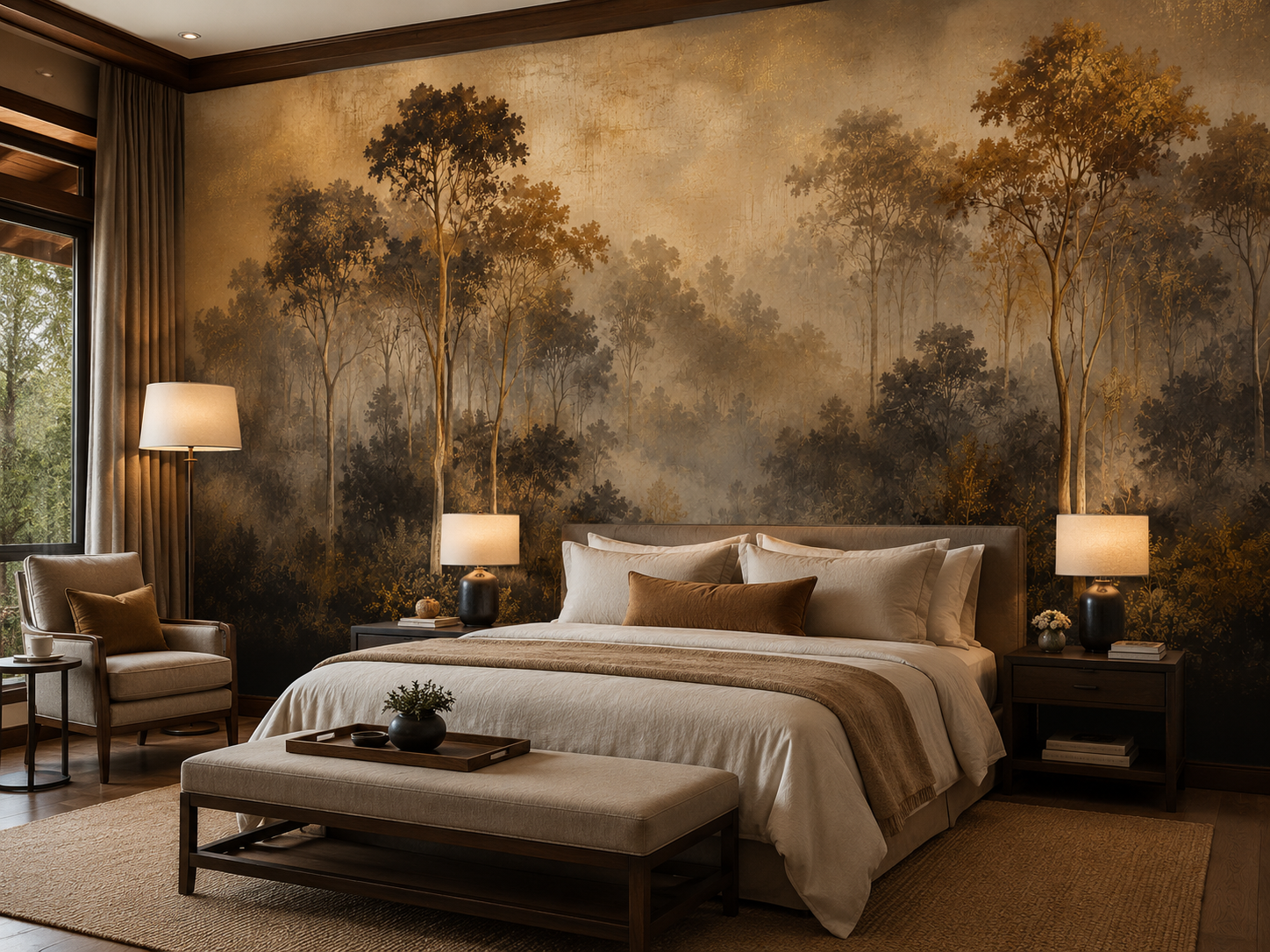 Tree wallpaper for a master bedroom featuring golden woodland landscape with textured forest artwork