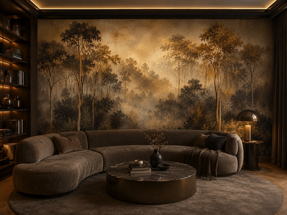 Thumbnail: Woodland wallpaper for a reception area featuring sophisticated forest landscape with warm golden tones
