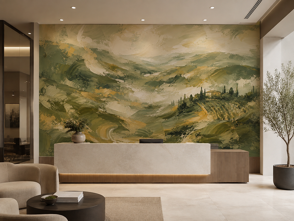 Thumbnail: Olive vineyard landscape mural with rolling Italian hills, golden fields, cypress trees and textured Tuscan scenery in a wait