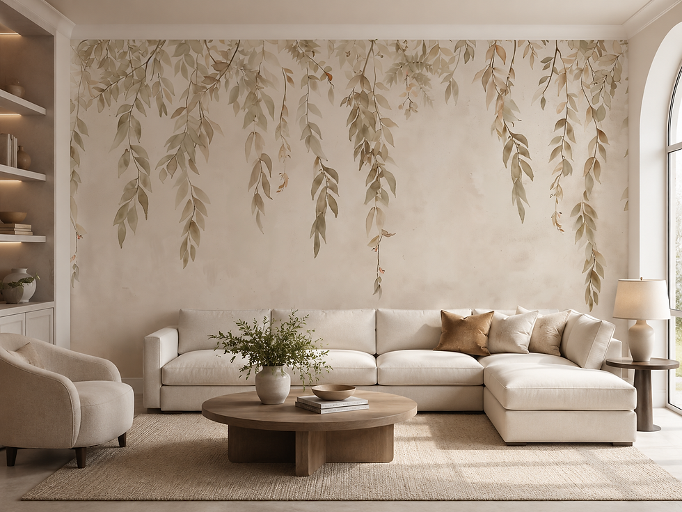 Thumbnail: Botanical wallpaper for a living room featuring cascading watercolor leaves in soft neutral beige tones