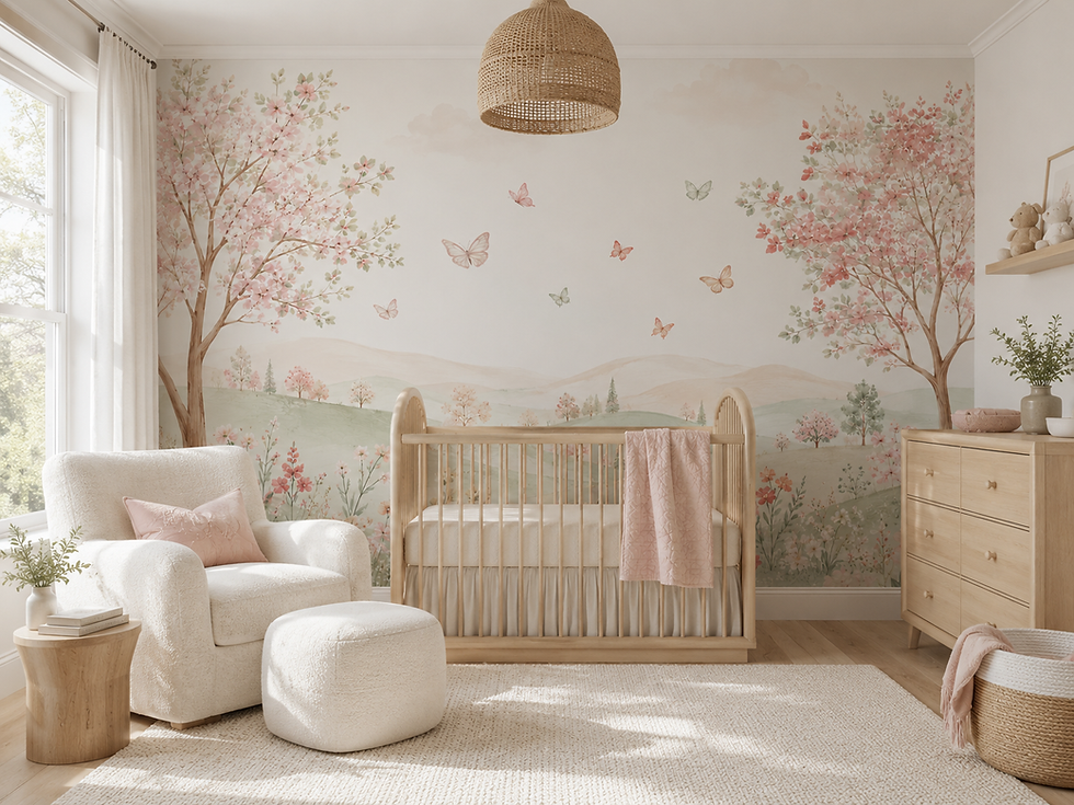Pink floral butterfly wallpaper mural with flowering trees, pastel hills, and delicate wildflowers in a baby girl nursery.