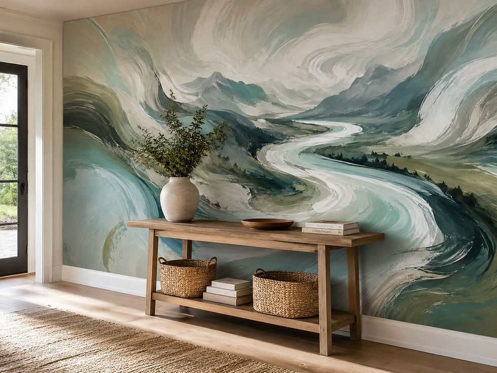 Flowing river wallpaper mural with aqua water, pale mountains and sweeping cream brushstrokes in a hallway