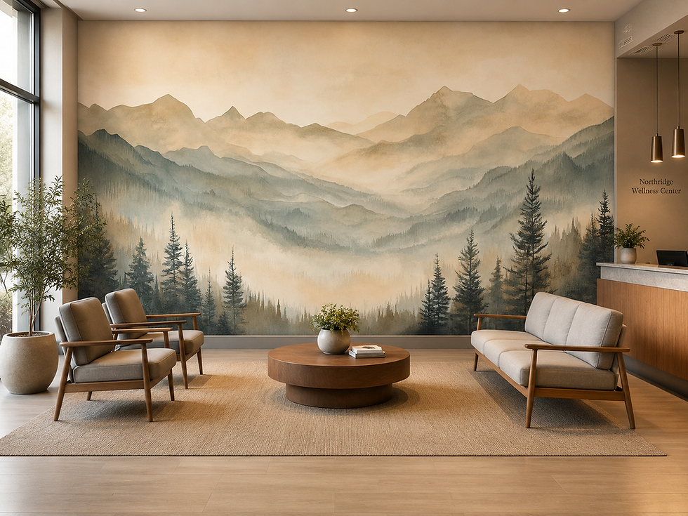 Thumbnail: Vintage mountain landscape mural with warm beige peaks, misty valley and muted forest in a waiting area