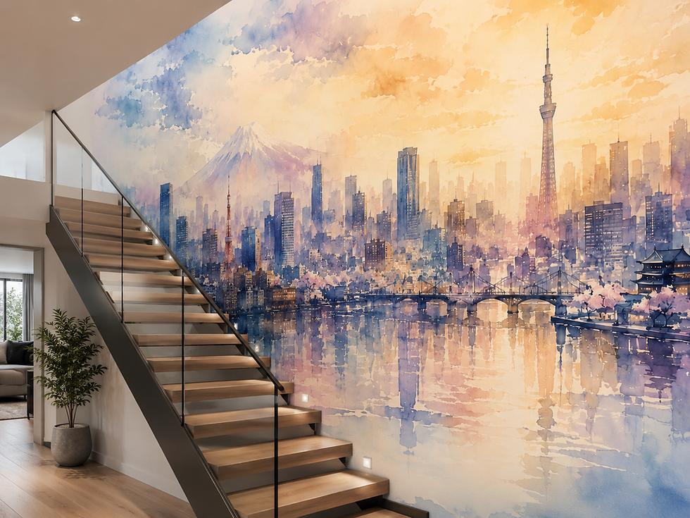 Japanese skyline wall mural with Mount Fuji, Tokyo city towers and cherry blossoms in soft blue peach watercolor tones