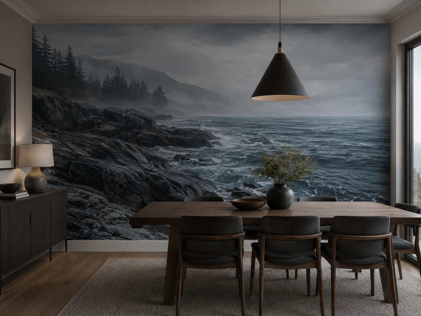 Dramatic coastal wallpaper featuring rugged shoreline and ocean waves enhancing a contemporary dining room.