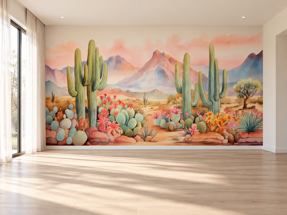 Thumbnail: Southwest cactus wallpaper with layered desert plants, pastel mountains , warm terracotta watercolor scenery in a home office
