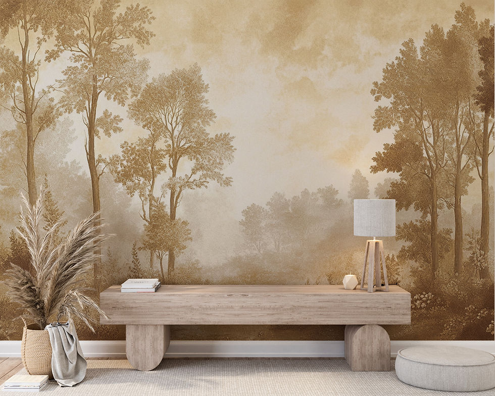 Thumbnail: Seravelle vintage forest wallpaper mural by Bellasso featuring romantic sepia woodland scenery