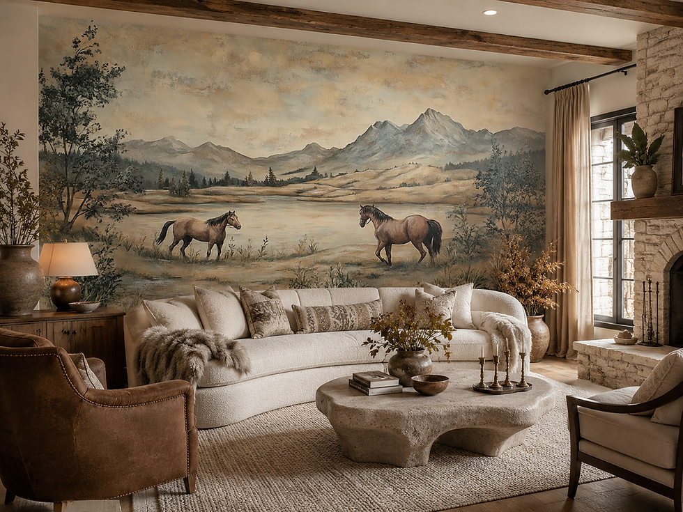 Thumbnail: Horse mountain wallpaper mural with two horses, a quiet lake and distant peaks in a rustic living room.