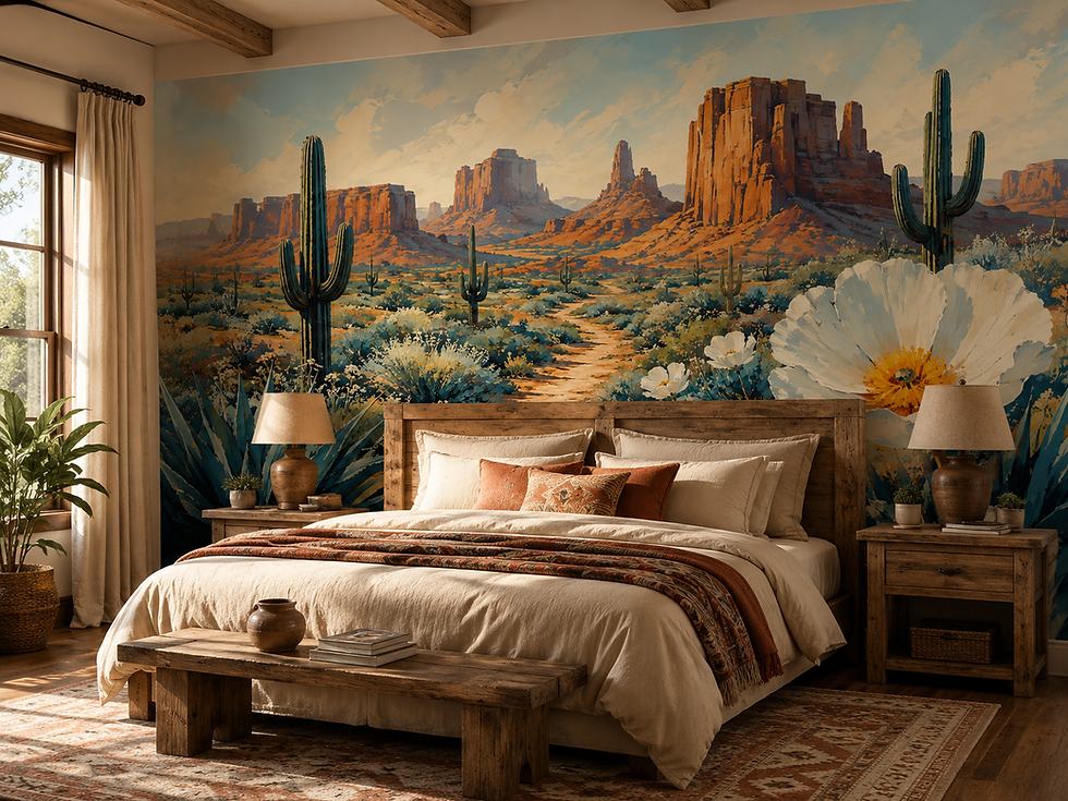 Desert wildflower wallpaper mural with white flowers, saguaros and warm Southwest mesas in a bedroom.