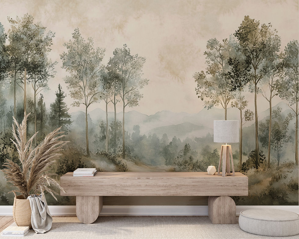 Lunavelle watercolor woodland wall mural by Bellasso featuring soft misty forest scenery