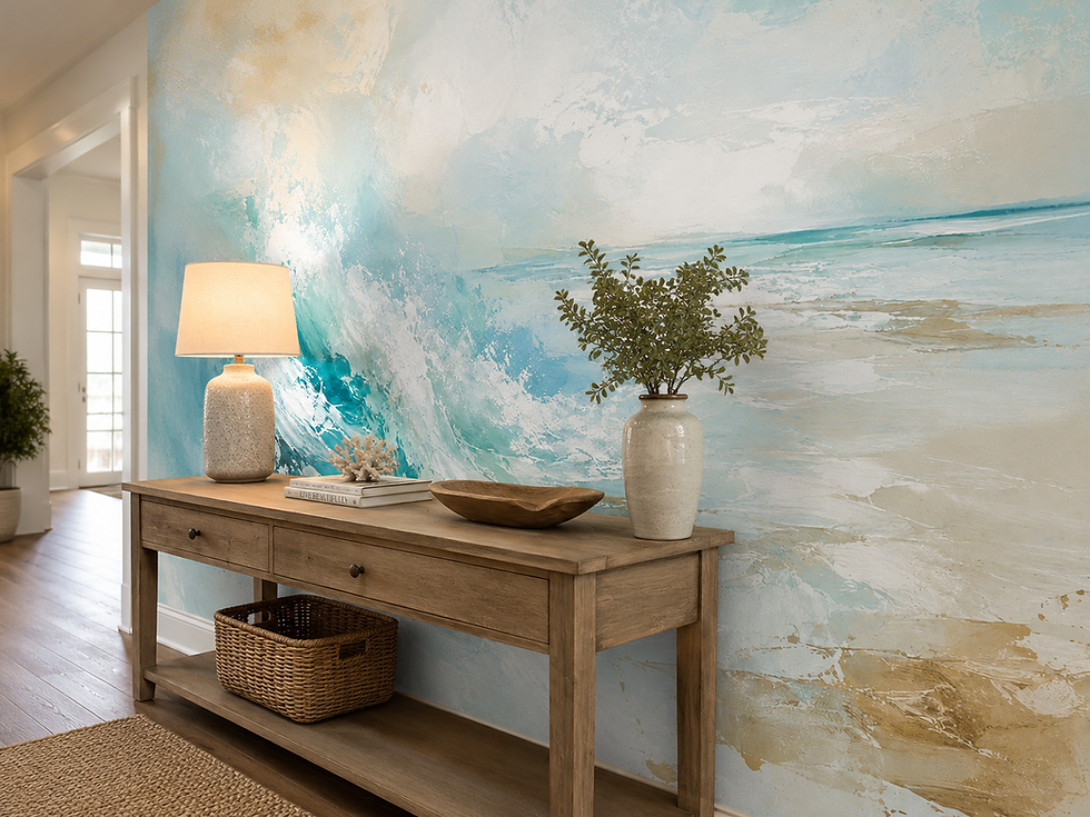 Thumbnail: Abstract wave wallpaper mural with turquoise and white painterly surf extending along a bright hallway.