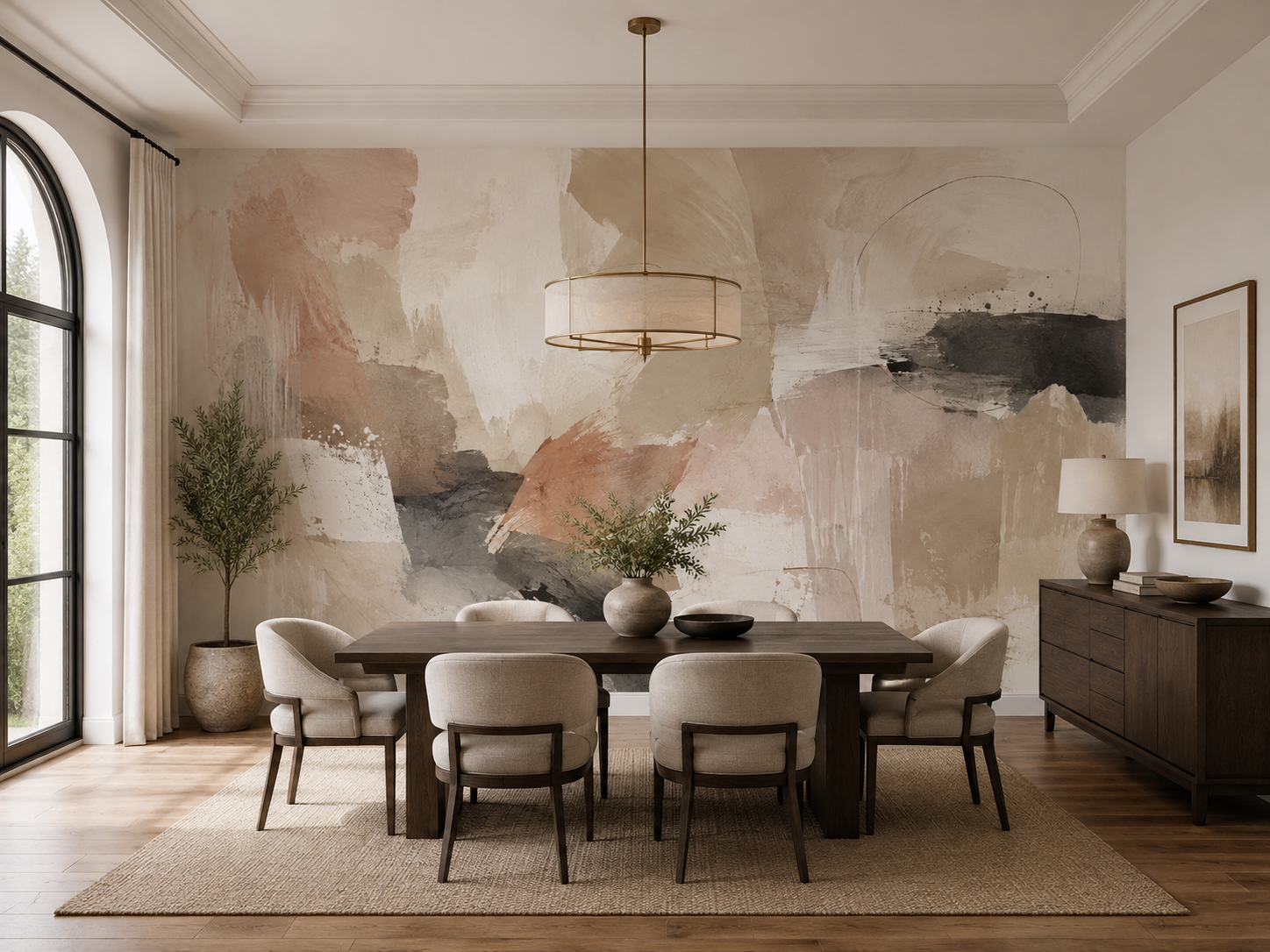Modern abstract wallpaper mural with expressive neutral brushstrokes behind a contemporary dining area.