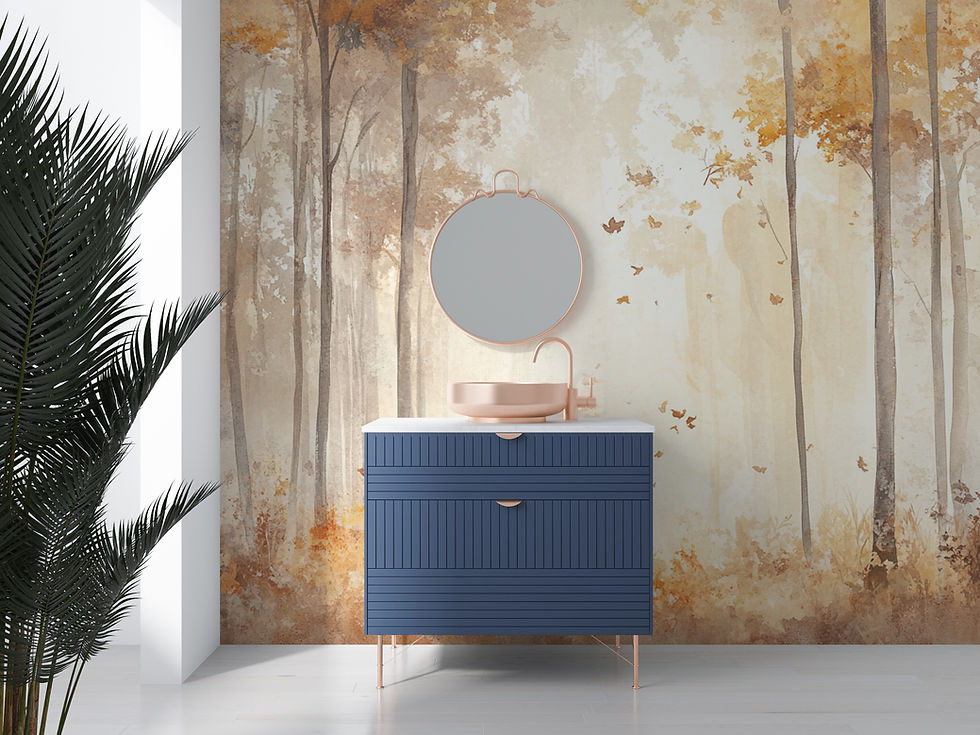 Thumbnail: Forest wall mural featuring autumn foliage and soft watercolor landscape in bathroom room