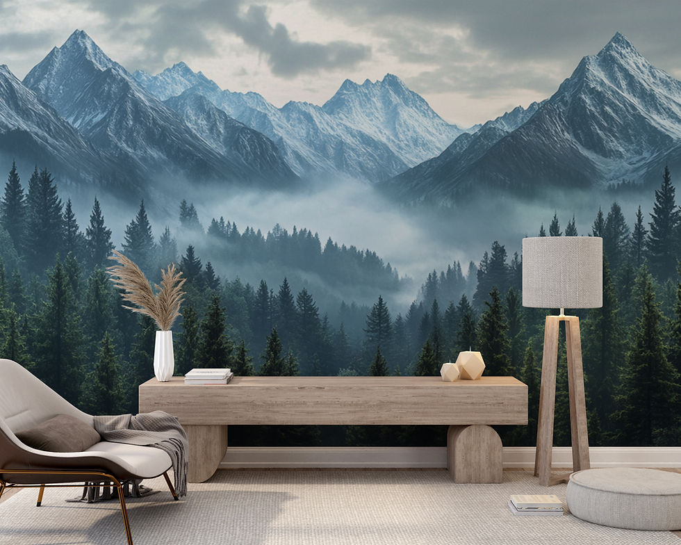 Alpine mountain wall mural with misty pine forest, peel and stick wallpaper, Bellasso Alpirel design