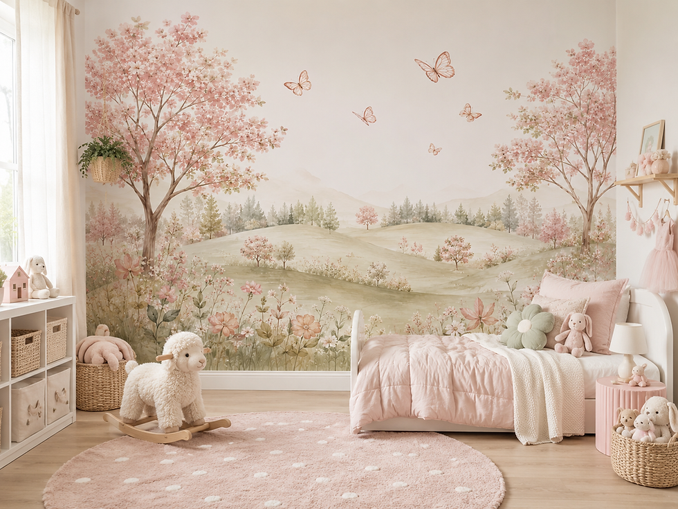 Blush butterfly landscape wallpaper mural with pink trees and soft wildflowers in a toddler girl bedroom.