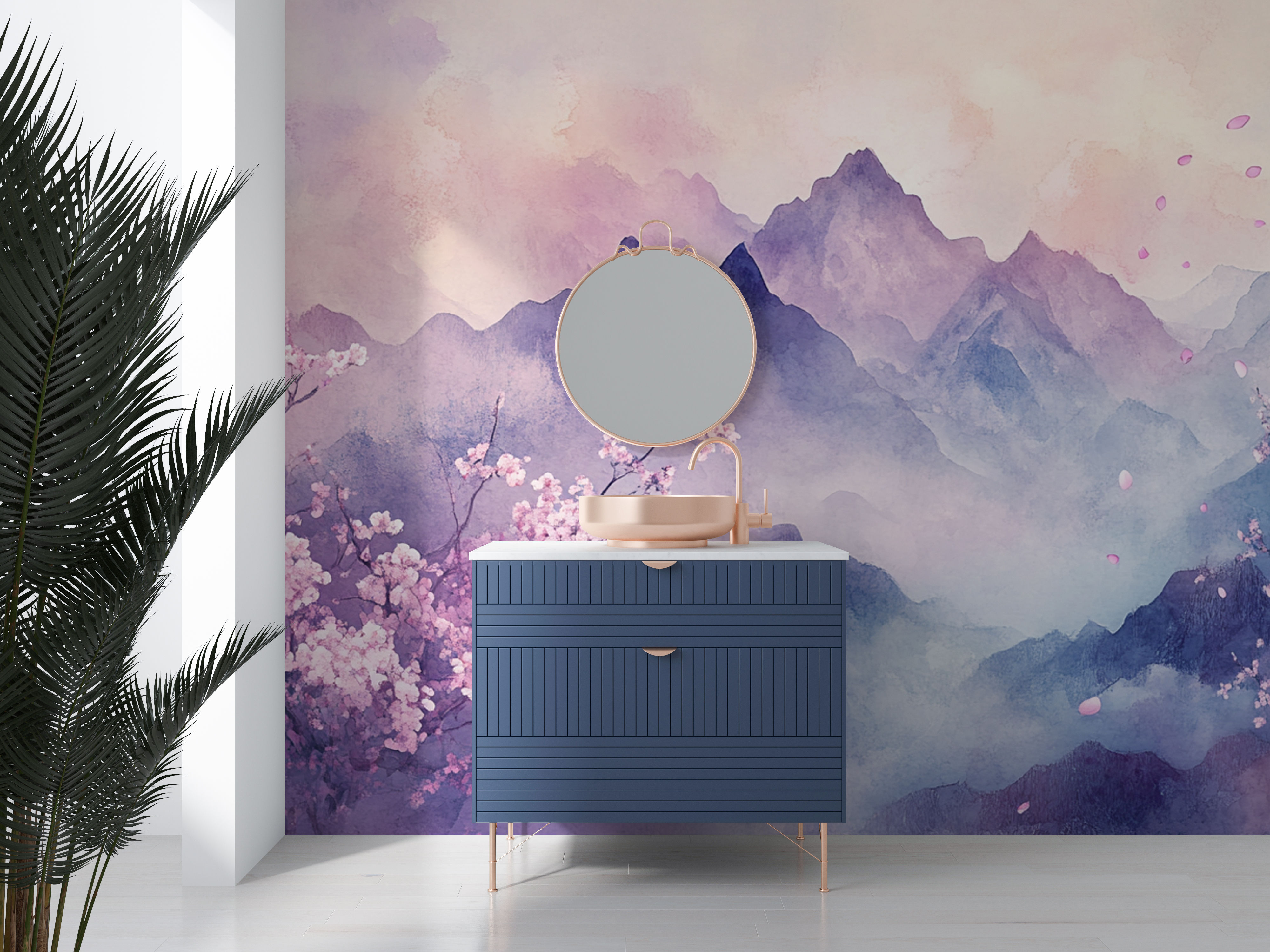 Cherry blossom wallpaper with watercolor mountains and delicate spring flowers in beauty room