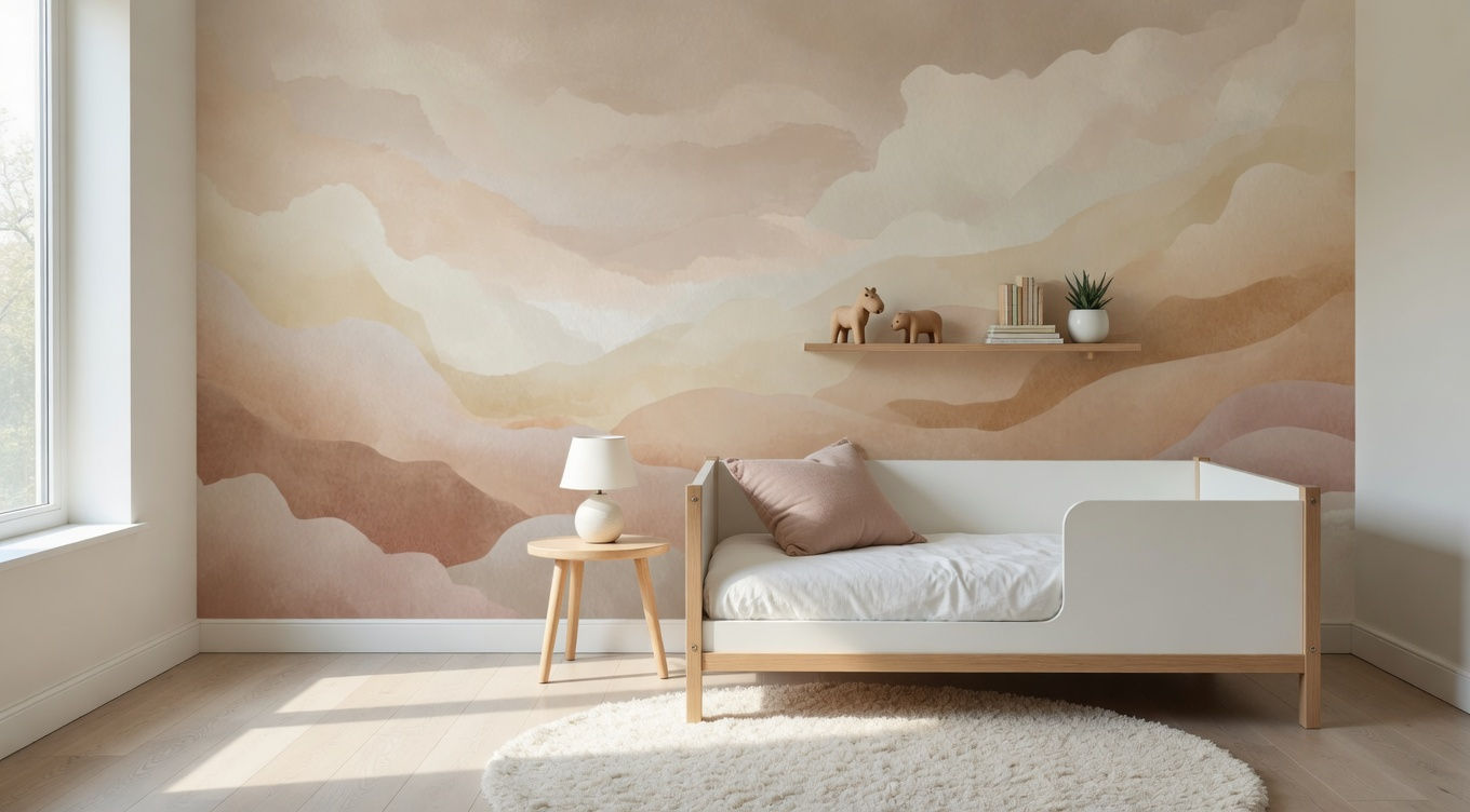 abstract landscape wall mural in blush and sand tones