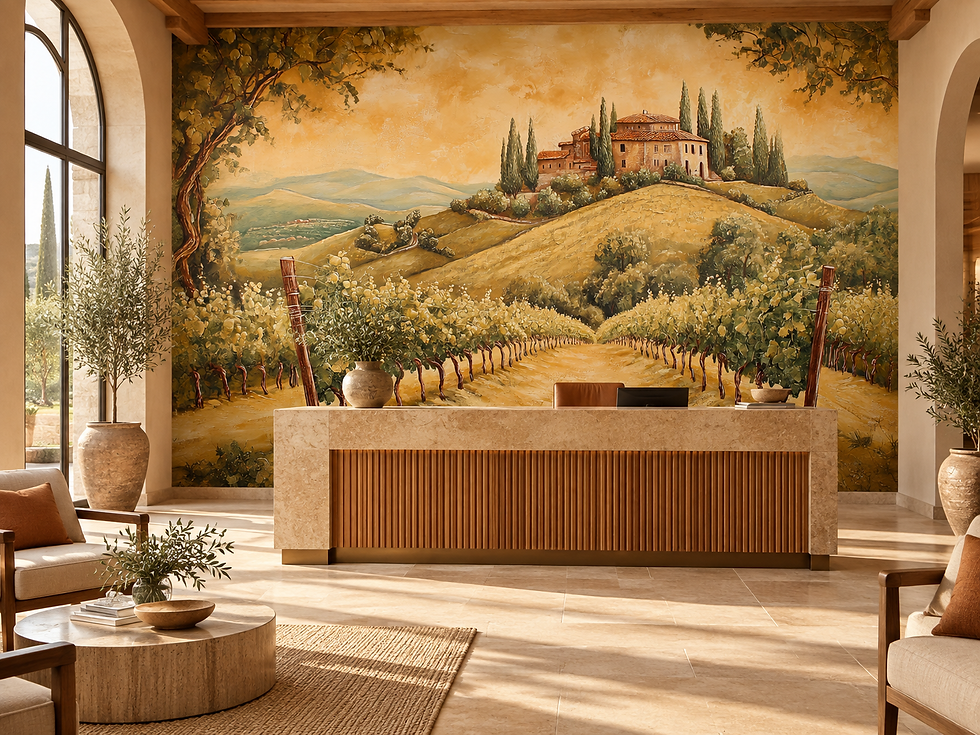 Thumbnail: Tuscan vineyard mural with a hilltop villa, cypress trees and golden countryside in a waiting area