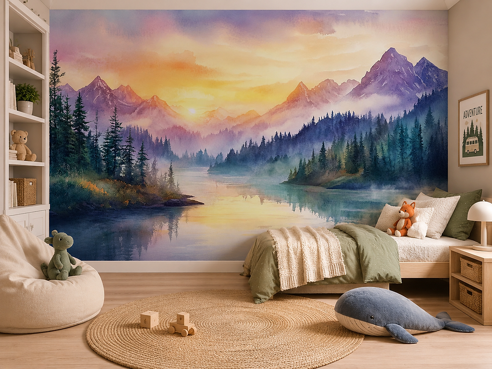 Thumbnail: Soft purple mountain wallpaper mural with watercolor forest, peaceful lake and pastel sunrise in a child's room
