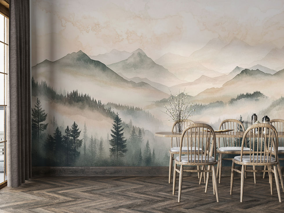 Forest wallpaper featuring evergreen trees and mountain highlands in rustic cabin interior
