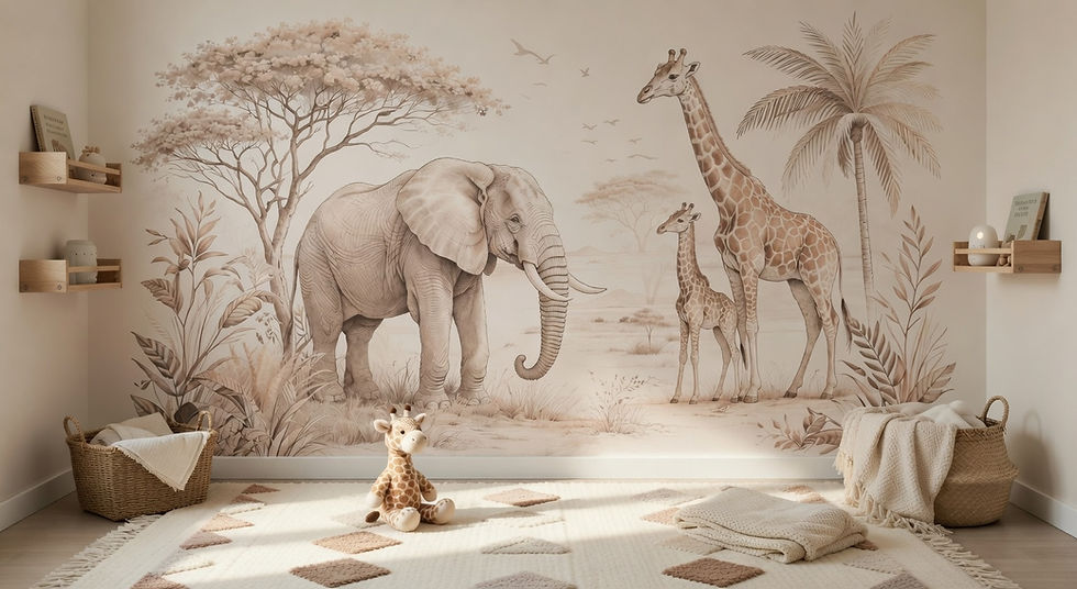 safari wall mural with elephant and giraffes