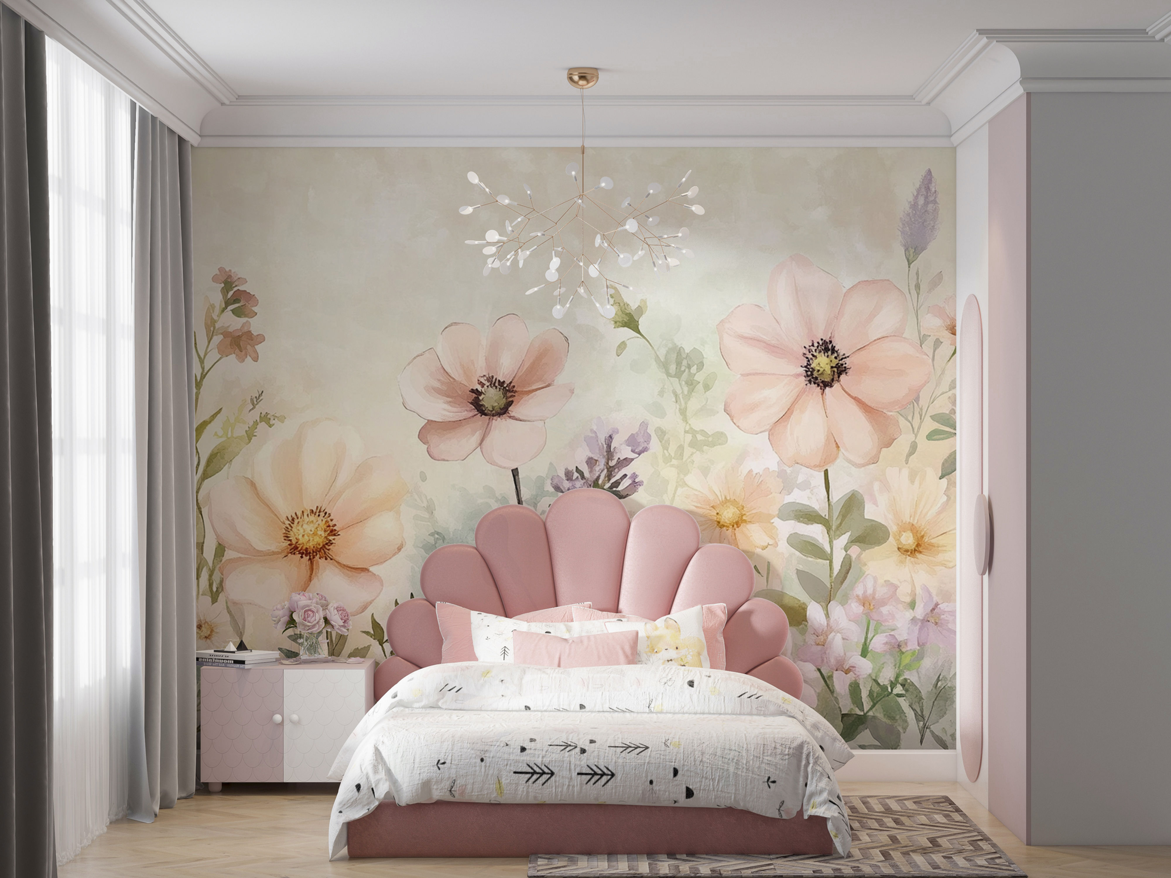 watercolor wildflower wall mural for bedroom interior