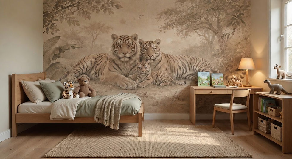 neutral safari wallpaper with tiger family