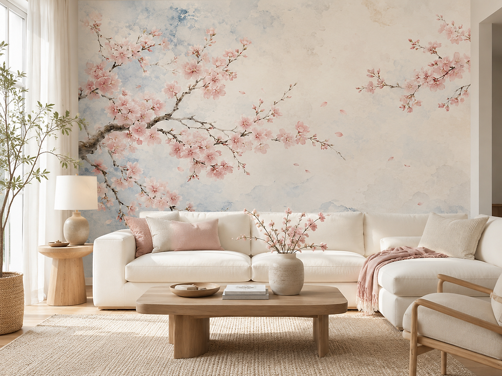 Blossom Breeze watercolor wallpaper mural featuring delicate pink cherry blossom branches against a soft blue sky in a modern