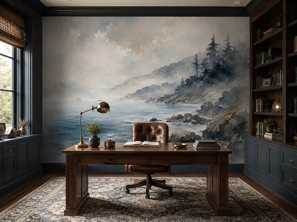 Thumbnail: Coastal wallpaper with misty ocean and evergreen cliffs creating a peaceful home office.