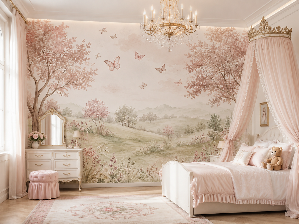 Blush floral landscape wallpaper mural with flying butterflies and watercolor wildflowers in a toddler girl bedroom.