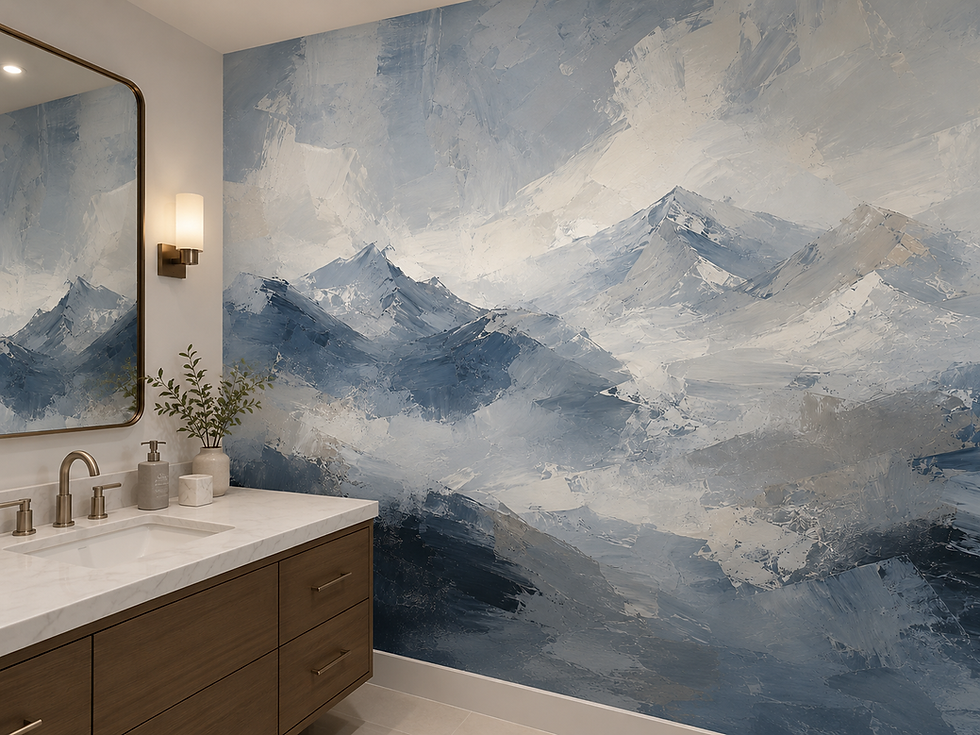 Thumbnail: Blue mountain wallpaper in a bathroom with sink and mirror, featuring layered snowy peaks and cool neutral painterly scenery