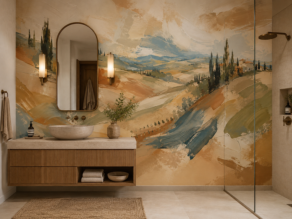 Thumbnail: Italian landscape wallpaper in a bathroom with sink and mirror, featuring Tuscan hills and tall cypress trees