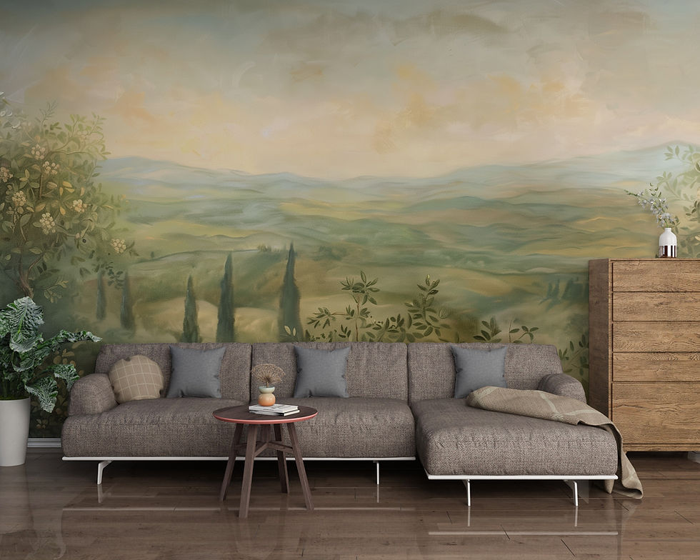 Tuscan wall mural featuring olive trees and rolling countryside hills in living room