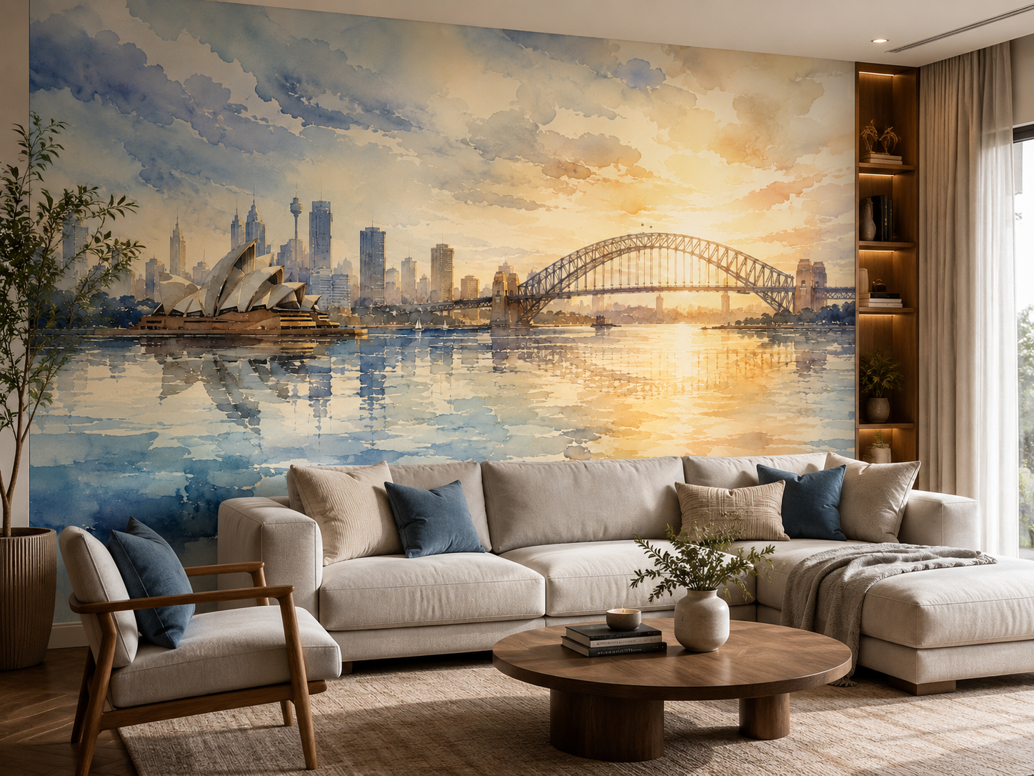 Sydney watercolor wall mural with Opera House, Harbour Bridge, city skyline and warm harbor reflections in a living room