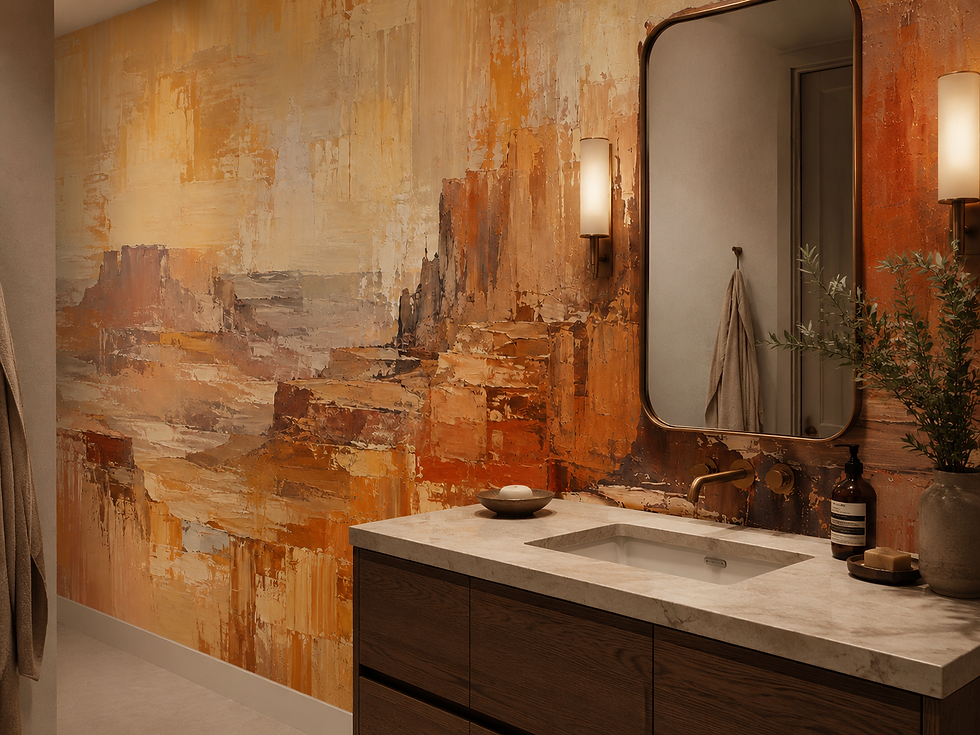 Thumbnail: Terracotta desert mural in a bathroom with sink and mirror, featuring abstract cliffs and warm neutral tones