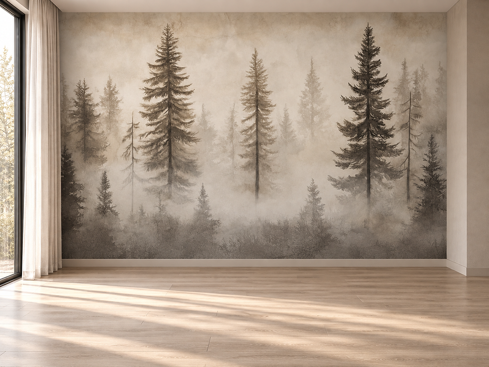 Thumbnail: Sepia forest wallpaper with tall illustrated pine trees, soft neutral mist and calm woodland scenery in a home office