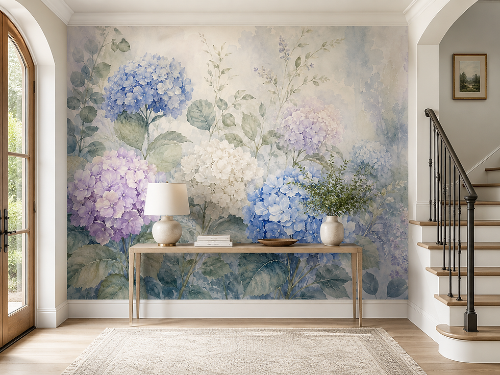 Watercolor botanical wallpaper mural featuring soft blue hydrangeas brightening a hallway.