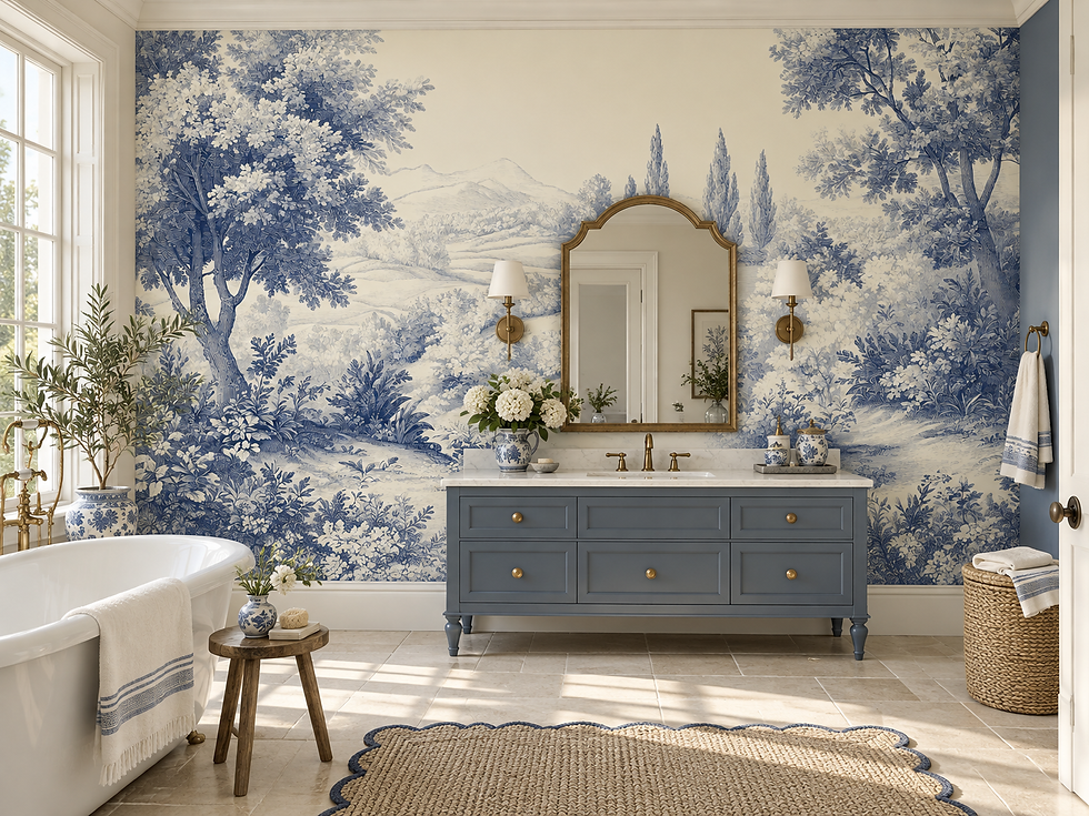 Blue botanical wallpaper with trees and rolling countryside in a bathroom with sink and mirror