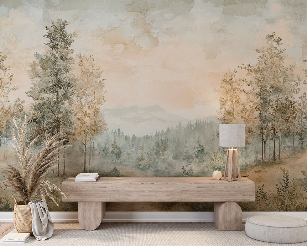 Organic modern interior featuring Elarien misty woodland wallpaper mural