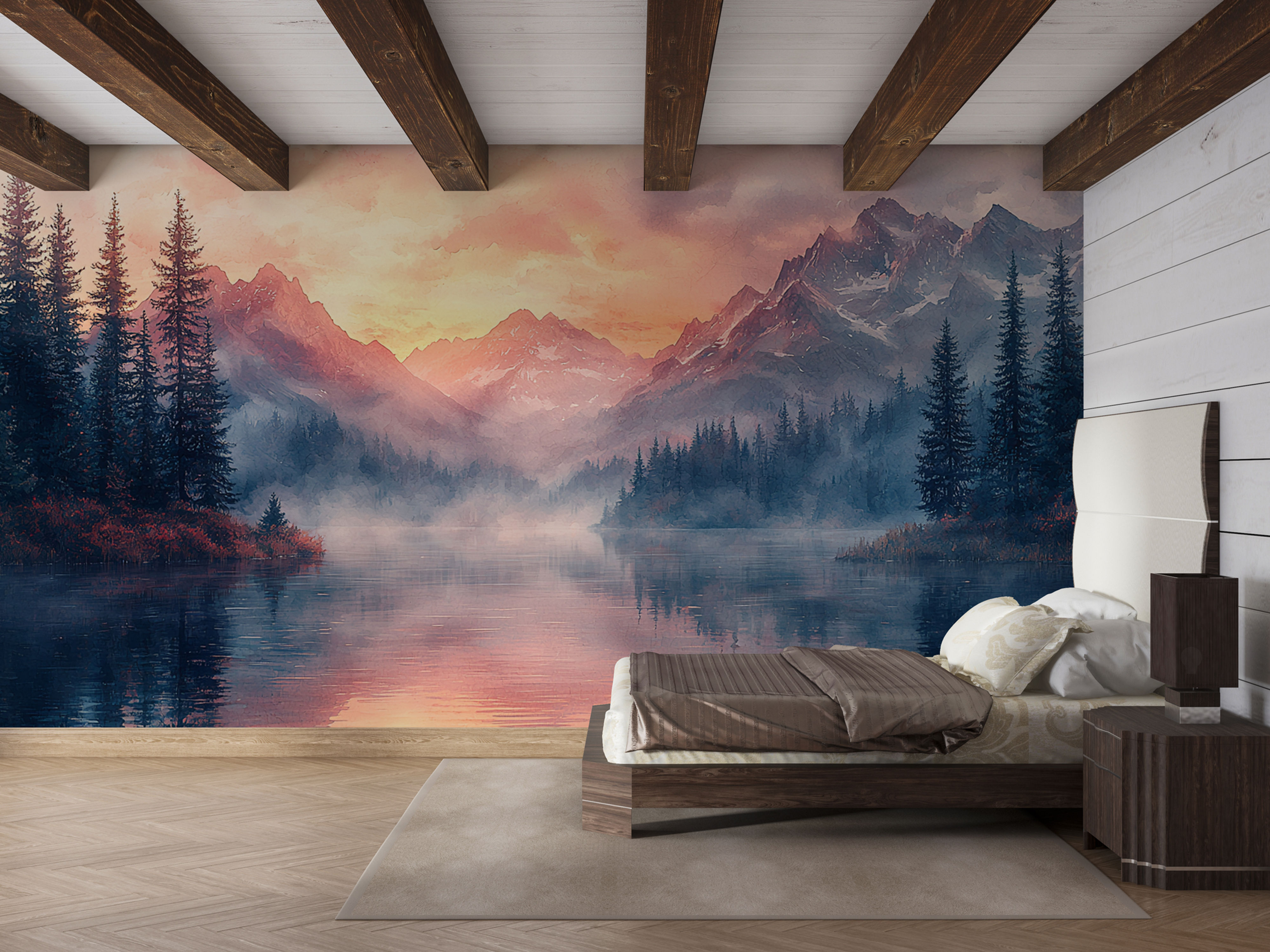 watercolor mountain wall mural bedroom interior