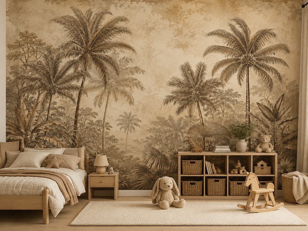 Thumbnail: Aged tropical wallpaper mural with palms and softly weathered jungle foliage in a kids bedroom.