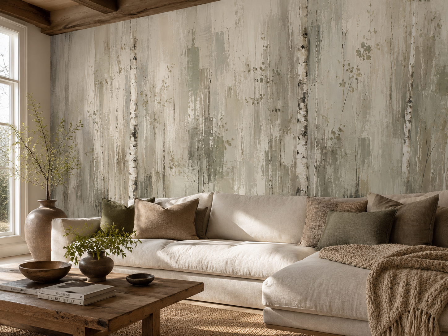 Neutral forest wall mural with slender birch trees, soft taupe tones and layered painterly texture in a living room