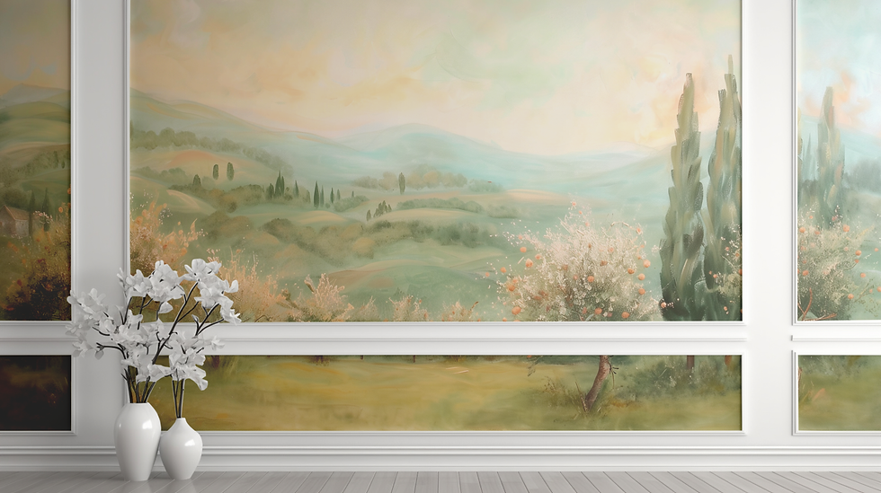 Thumbnail: Close-up detail of Verdelume wall mural by Bellasso, painterly countryside textures with soft blended light
