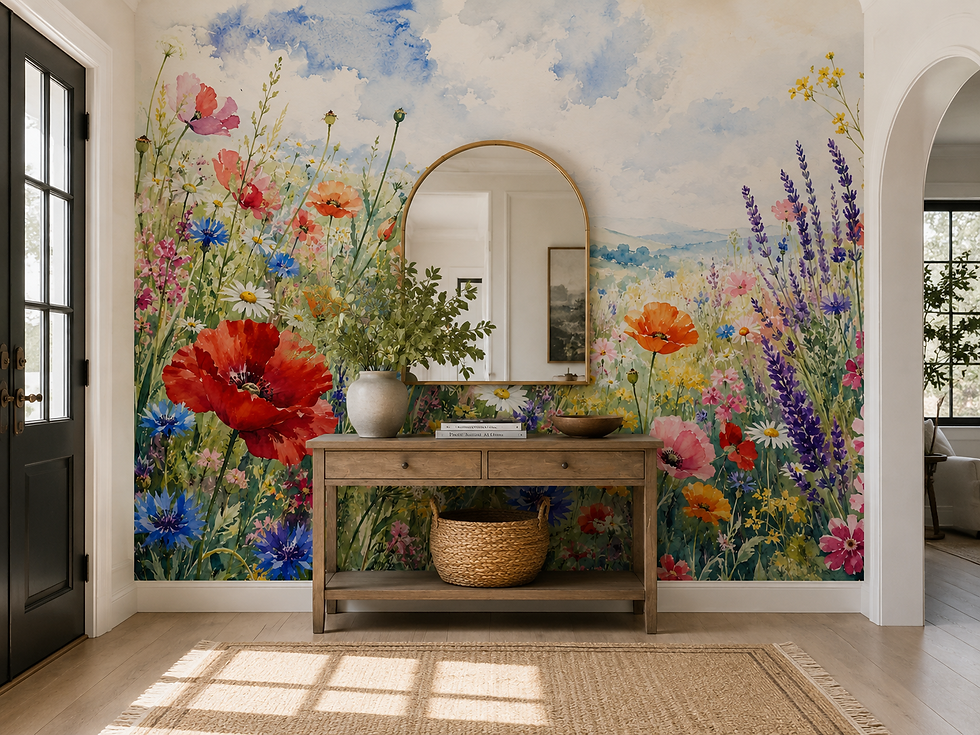 Wild Harmony watercolor floral wallpaper mural with colorful wildflowers brightening a hallway.