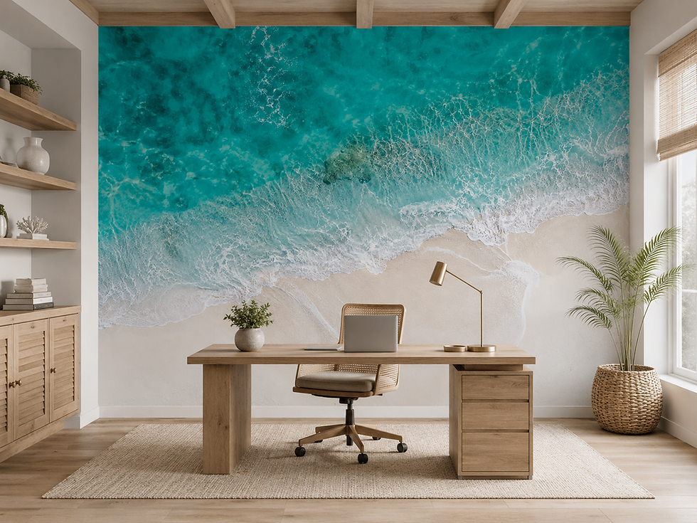 Thumbnail: Aerial ocean wall mural with turquoise waves creating a relaxing and productive home office.