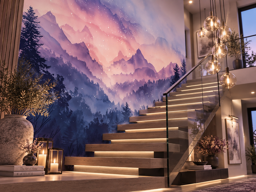 Dreamy mountain wallpaper mural with lavender peaks, deep blue woodland and glowing pink mist in a hallway