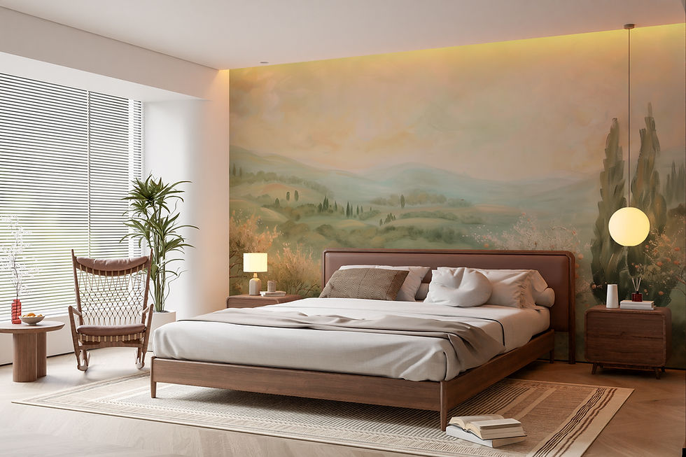 Italian countryside wallpaper with watercolor hills and cypress trees in bedroom