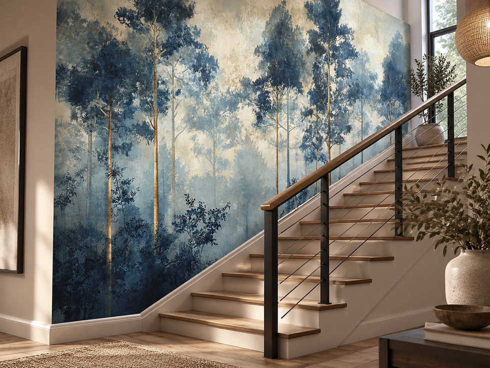 Thumbnail: Golden tree forest mural with layered navy and powder-blue foliage and soft atmospheric depth along a staircase