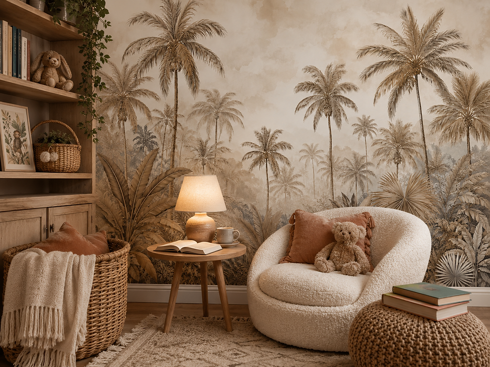 Thumbnail: Beige botanical palm tree wall mural creating a calm tropical backdrop in a home office.